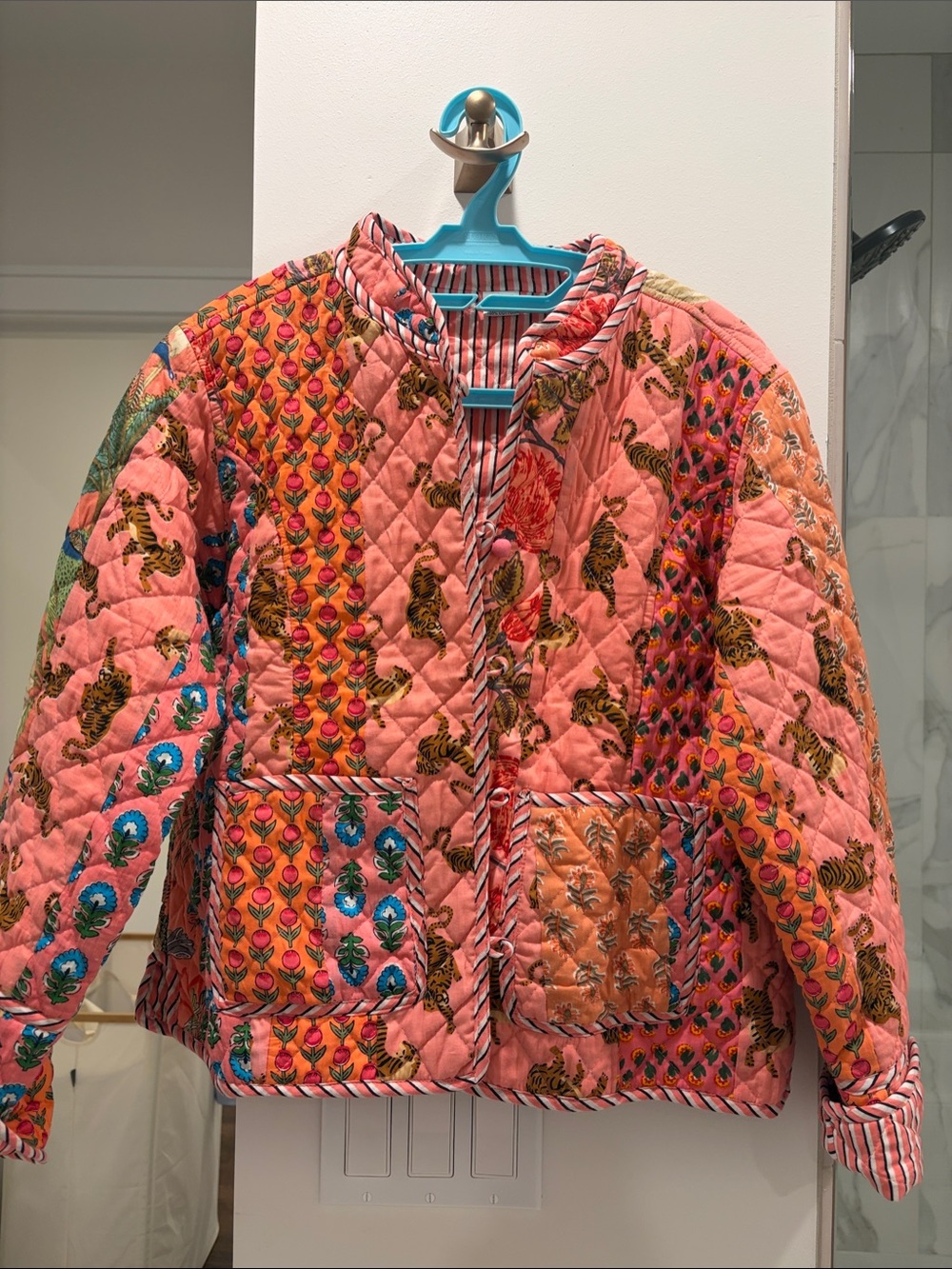 Quilted Floral & Tiger Print Jacket in Coral Pink